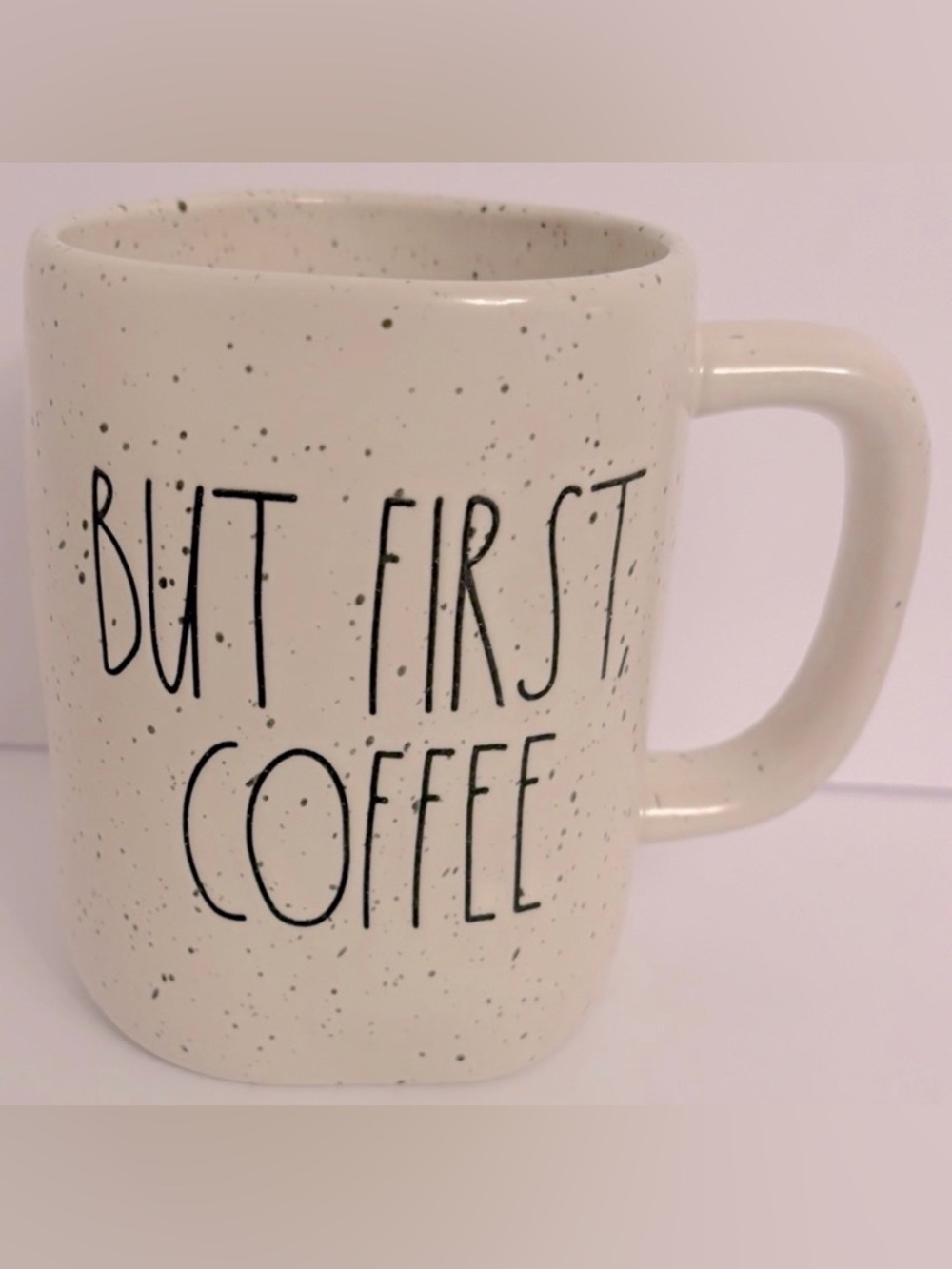 Rae Dunn Artisan Collection by Magenta “BUT FIRST, COFFEE “ Black Speckled Mug